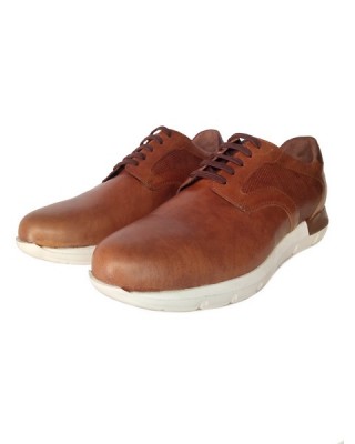 Δερμάτινο παπούτσι δετό καφέ με λευκή σόλα