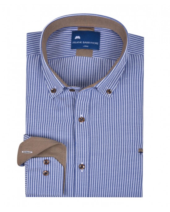 Ανδρικό πουκάμισο σε κανονική γραμμή ριγέ σιέλ κάμελ