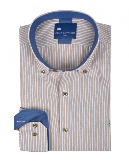 Ανδρικό πουκάμισο σε κανονική γραμμή ριγέ κάμελ σιέλ