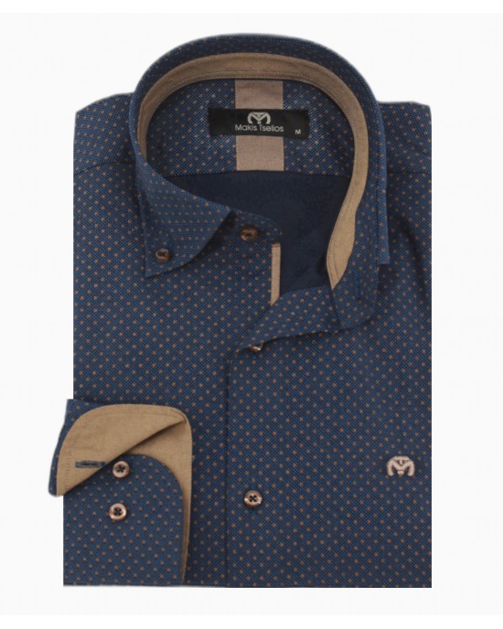 Ανδρικό πουκάμισο κλασικό makis tselios  μπλε-καφέ λεπτομέρειες, βαμβακερό.