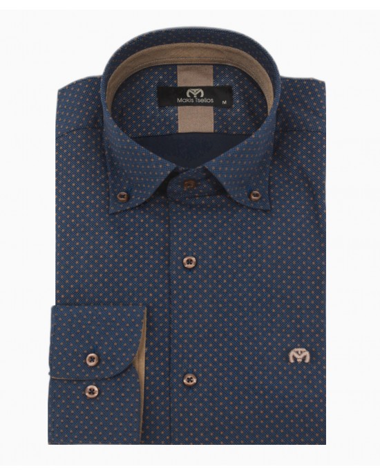 Ανδρικό πουκάμισο κλασικό makis tselios  μπλε-καφέ λεπτομέρειες, βαμβακερό.