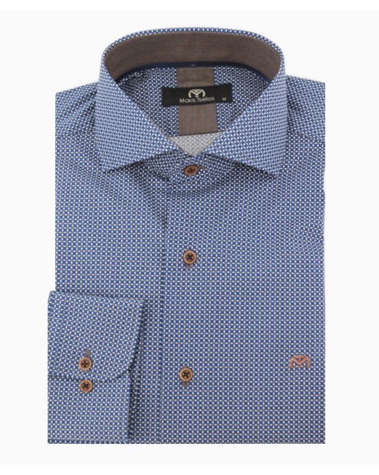 Ανδρικό πουκάμισο μπλε καφέ -λευκό κανονική γραμμή.